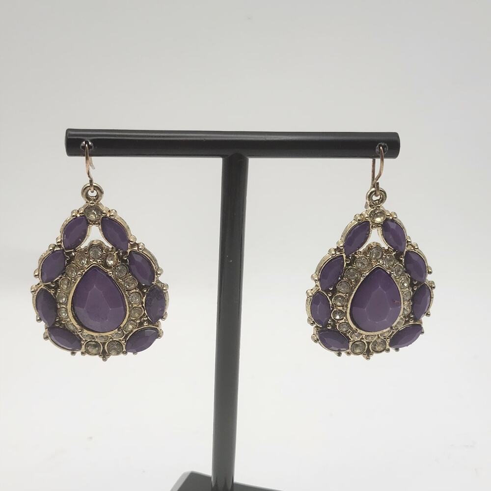 Purple Acrylic Rhinestone Chandelier Earrings Gold Tone Teardrop Pierced Hooks